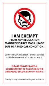 Face Mask Covering Medical Exemption Card - Laminated Conners Clinic Equipment - Conners Clinic