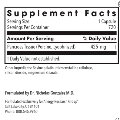 Pancreas Enzymes (pork) - Dr. William Kelly/Dr. Gonzalez - 720 caps Allergy Research Group Supplement - Conners Clinic