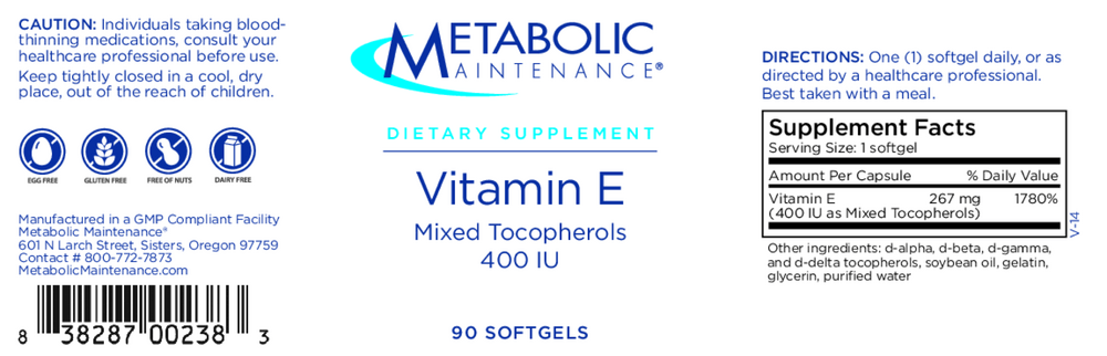 Vitamin E Mixed Tocopherols 400 IU * Metabolic Maintenance Supplement - Conners Clinic