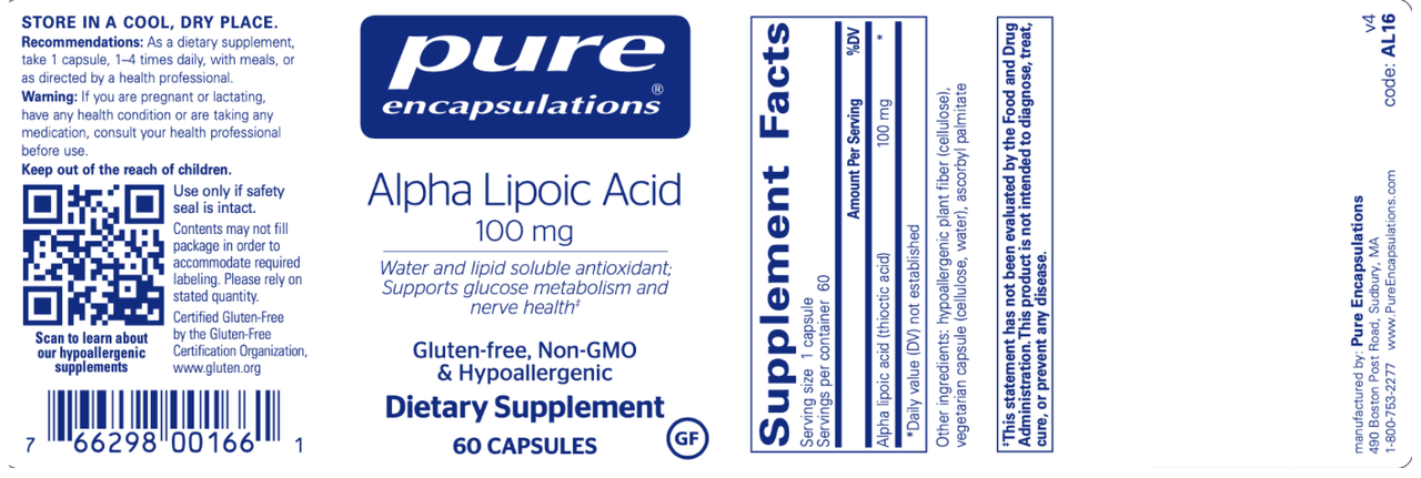 Alpha Lipoic Acid 100 mg 60 vcaps * Pure Encapsulations Supplement - Conners Clinic