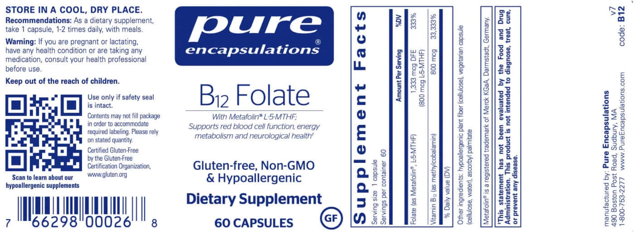 B-12 Folate 60 vcaps * Pure Encapsulations Supplement - Conners Clinic