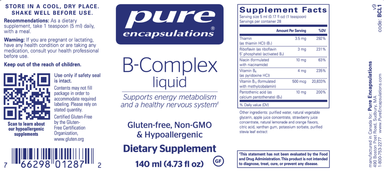 B Complex Liquid 28 servings * Pure Encapsulations Supplement - Conners Clinic