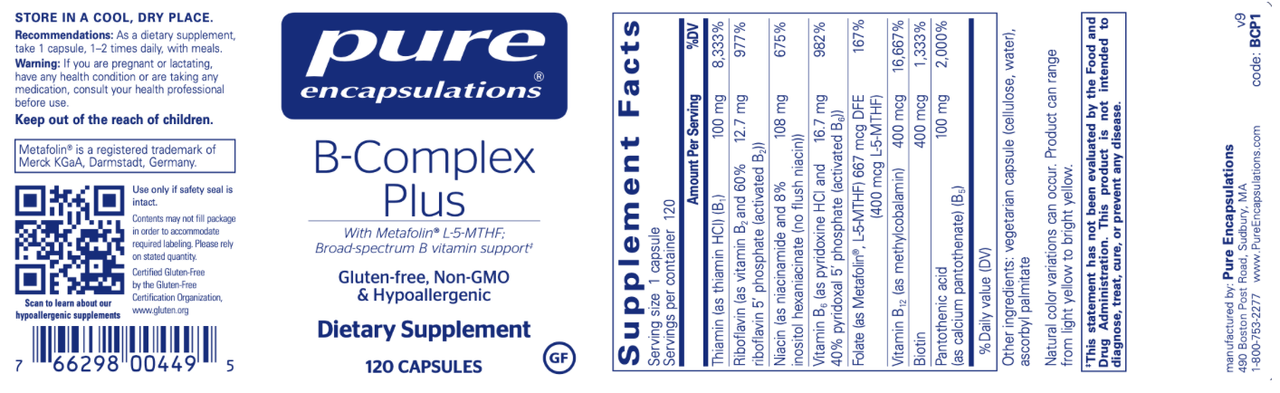 B-Complex Plus 120 vegcaps * Pure Encapsulations Supplement - Conners Clinic