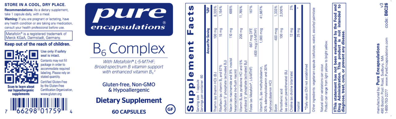 B6 Complex 60 vegcaps * Pure Encapsulations Supplement - Conners Clinic