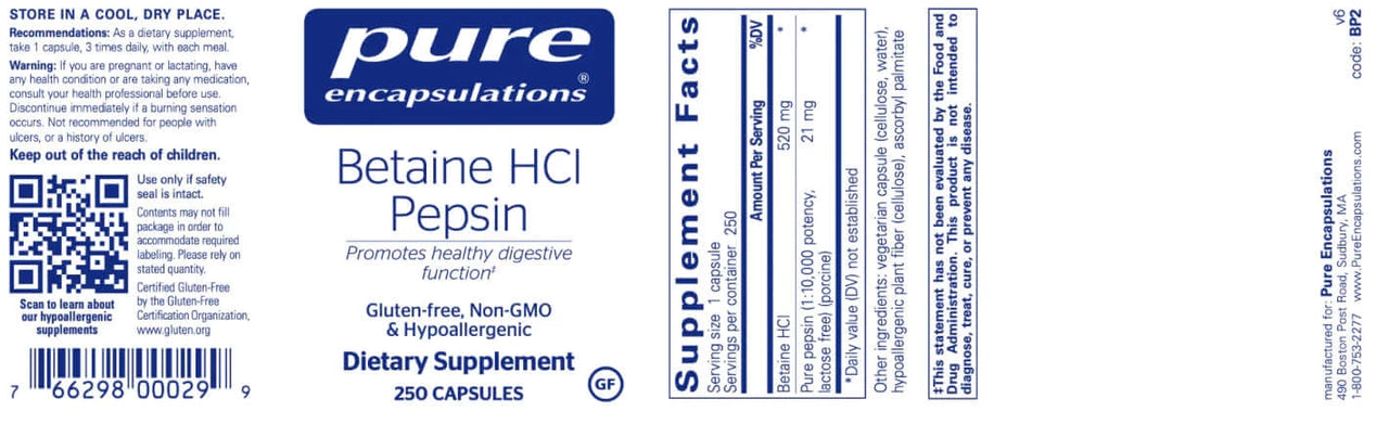 Betaine HCL Pepsin 250 caps * Pure Encapsulations Supplement - Conners Clinic