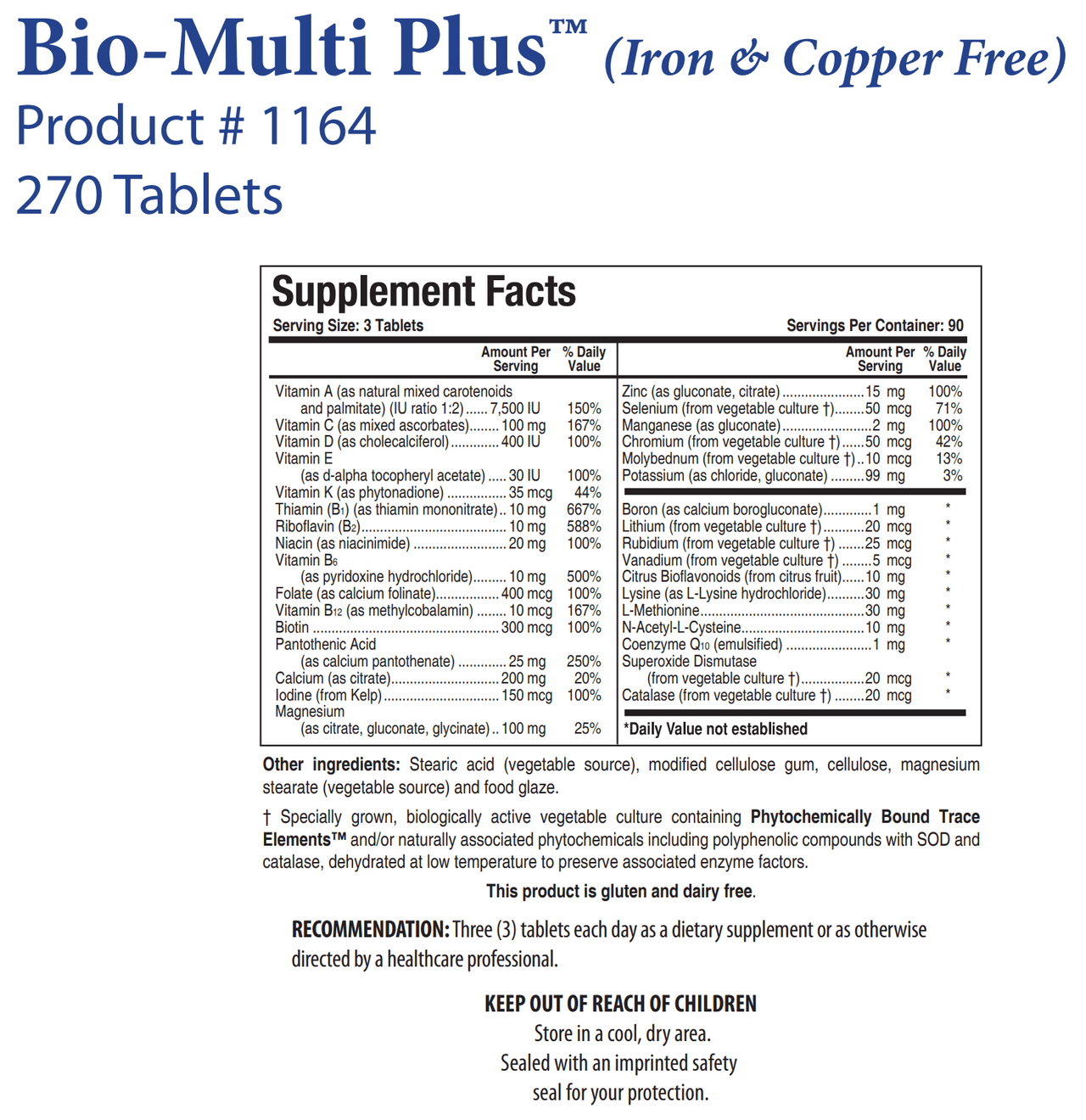 BIO-MULTI PLUS IRON & COPPER FREE (270T) Biotics Research Supplement - Conners Clinic