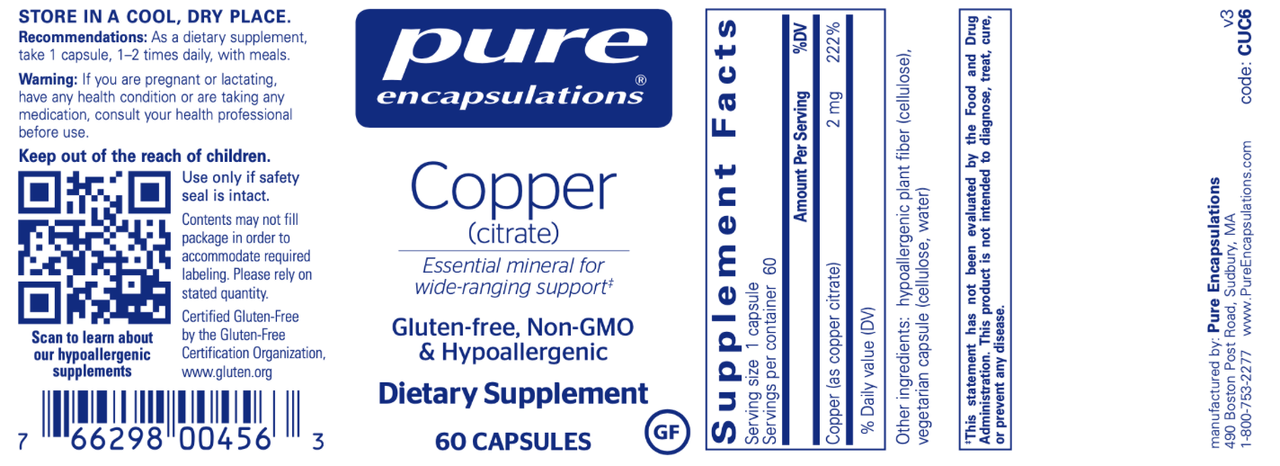 Copper (citrate) 60 vcaps * Pure Encapsulations Supplement - Conners Clinic