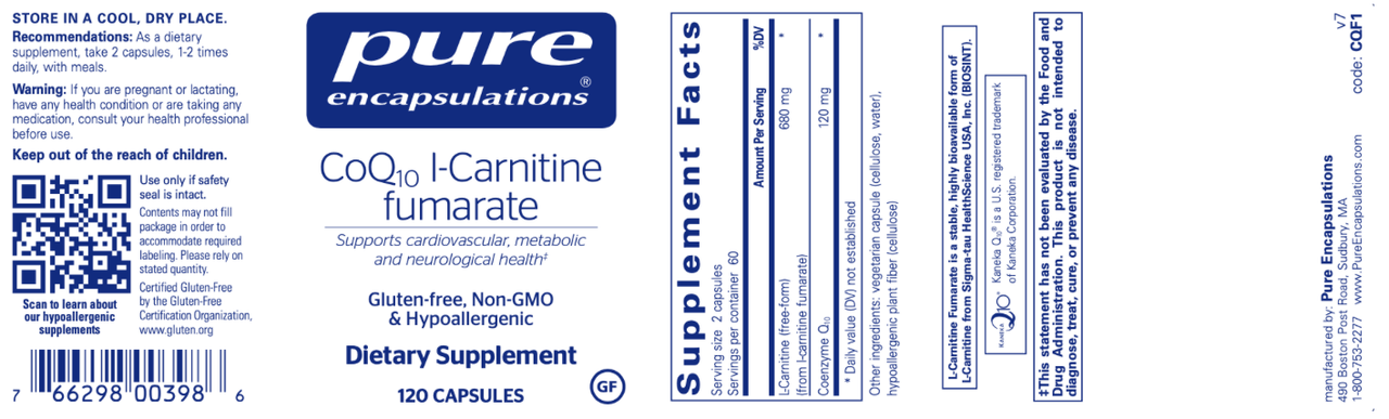 CoQ10 l-Carnitine fumarate 120 vegcaps * Pure Encapsulations Supplement - Conners Clinic