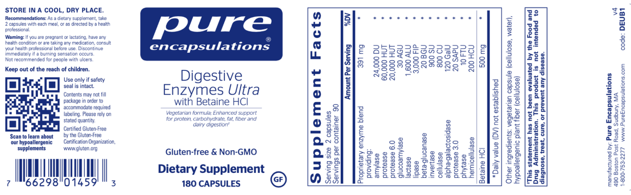 Digestive Enzymes Ultra w/ HCl 180 caps * Pure Encapsulations Supplement - Conners Clinic