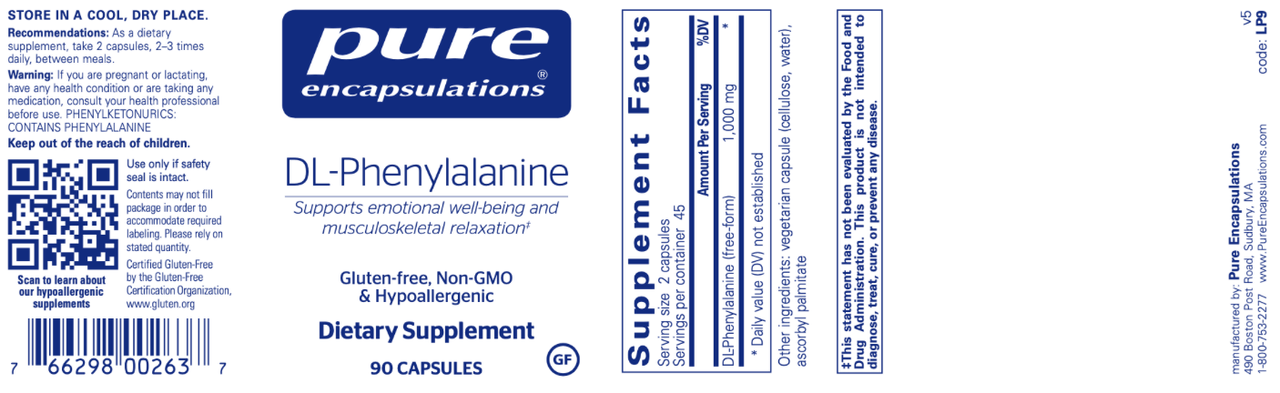 DL-Phenylalanine 500 mg 90 vcaps * Pure Encapsulations Supplement - Conners Clinic