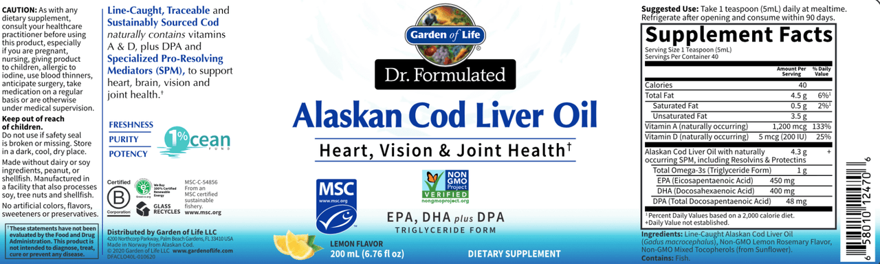 Dr. Formulated Cod Liver Oil 40 serv * Garden of Life Supplement - Conners Clinic