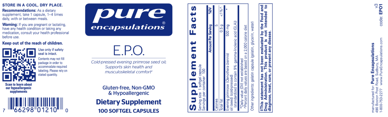 E.P.O. (evening primrose oil) 100 gels * Pure Encapsulations Supplement - Conners Clinic