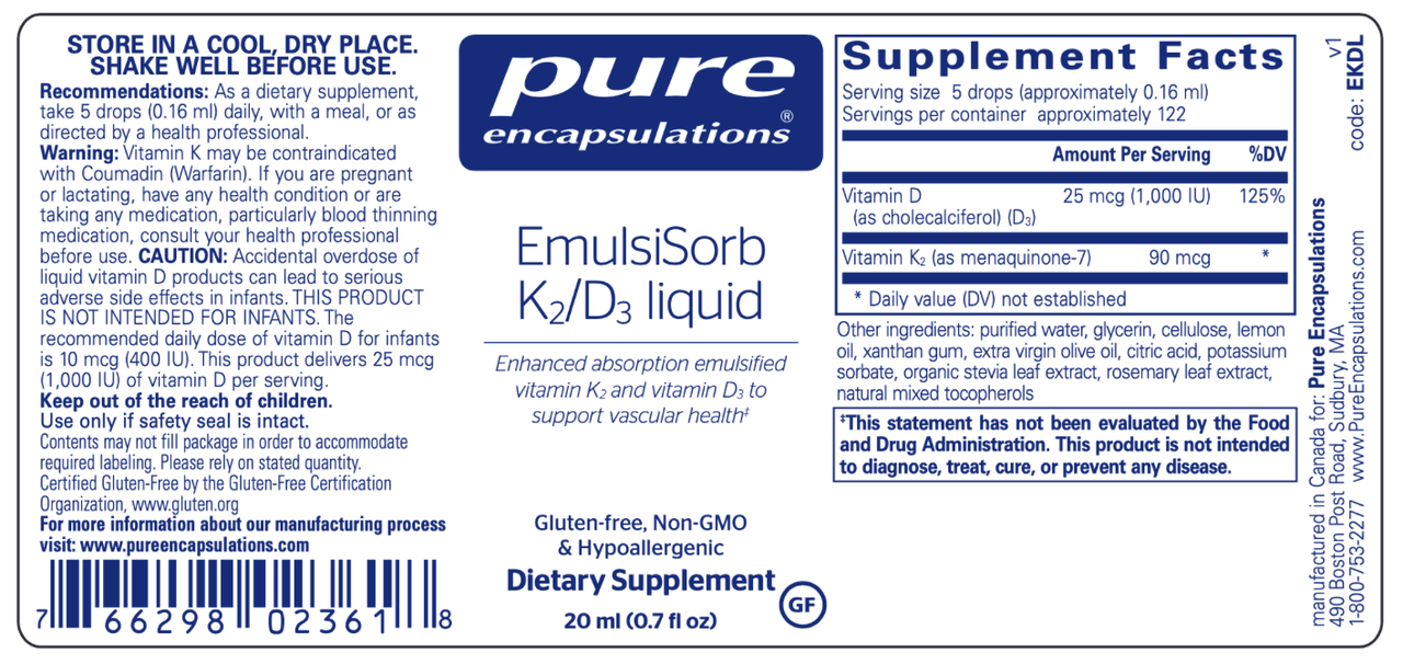 EmulsiSorb K2 D3 liquid 20 ml * Pure Encapsulations Supplement - Conners Clinic