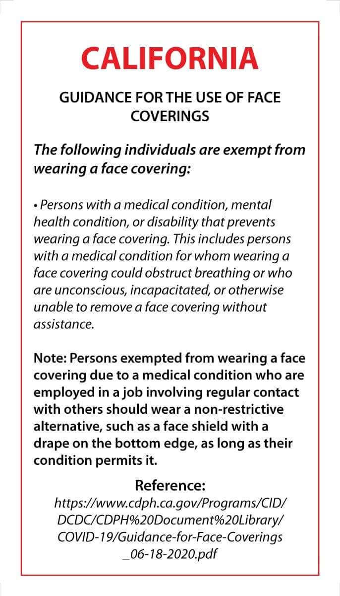 Face Mask Covering Medical Exemption Card - Laminated Conners Clinic Equipment California - Conners Clinic