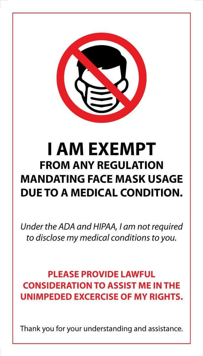 Face Mask Covering Medical Exemption Card - Laminated Conners Clinic Equipment - Conners Clinic
