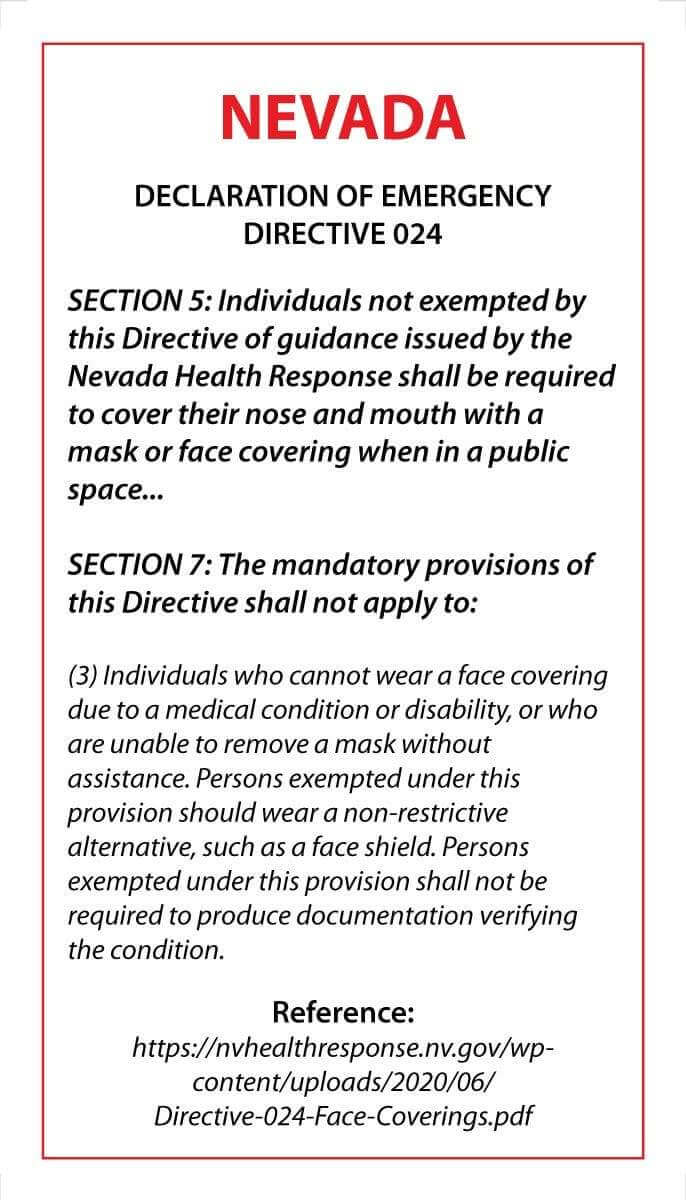 Face Mask Covering Medical Exemption Card - Laminated Conners Clinic Equipment Nevada - Conners Clinic