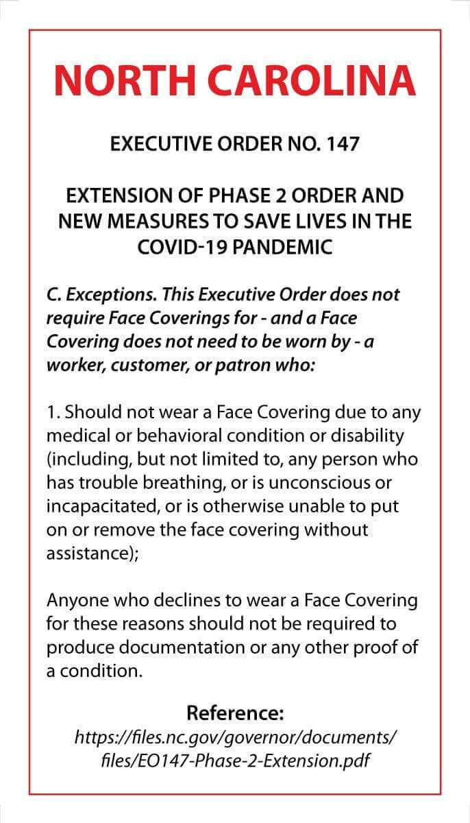 Face Mask Covering Medical Exemption Card - Laminated Conners Clinic Equipment North Carolina - Conners Clinic