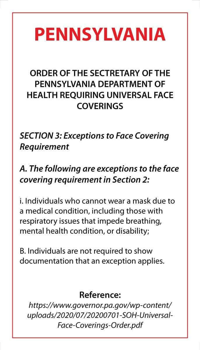 Face Mask Covering Medical Exemption Card - Laminated Conners Clinic Equipment Pennsylvania - Conners Clinic