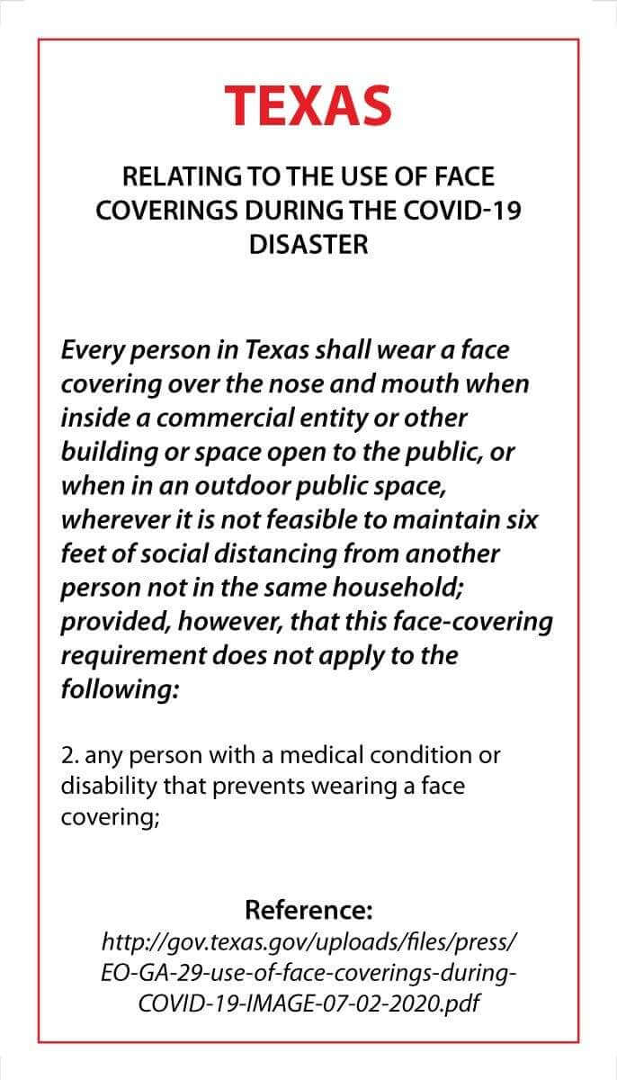 Face Mask Covering Medical Exemption Card - Laminated Conners Clinic Equipment Texas - Conners Clinic