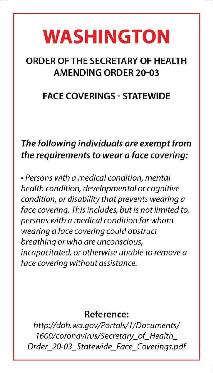 Face Mask Covering Medical Exemption Card - Laminated Conners Clinic Equipment Washington - Conners Clinic