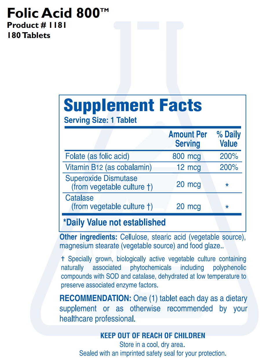 FOLIC ACID 800 (180T) Biotics Research Supplement - Conners Clinic