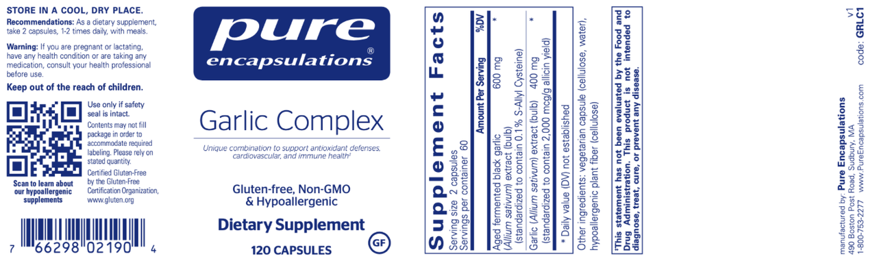 Garlic Complex 120 caps * Pure Encapsulations Supplement - Conners Clinic
