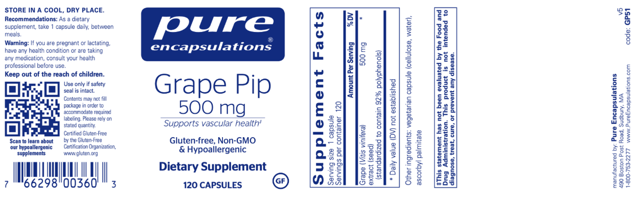 Grape Pip 500 mg 120 caps * Pure Encapsulations Supplement - Conners Clinic