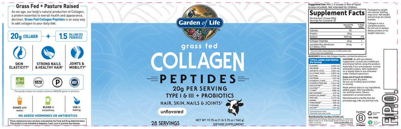 Grass Fed Collagen Peptides 19.75 oz * Garden of Life Supplement - Conners Clinic