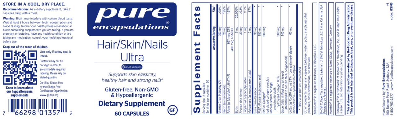 Hair/Skin/Nails Ultra 60 vcaps * Pure Encapsulations Supplement - Conners Clinic