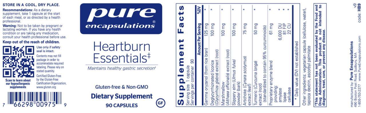 Heartburn Essentials 90 caps * Pure Encapsulations Supplement - Conners Clinic