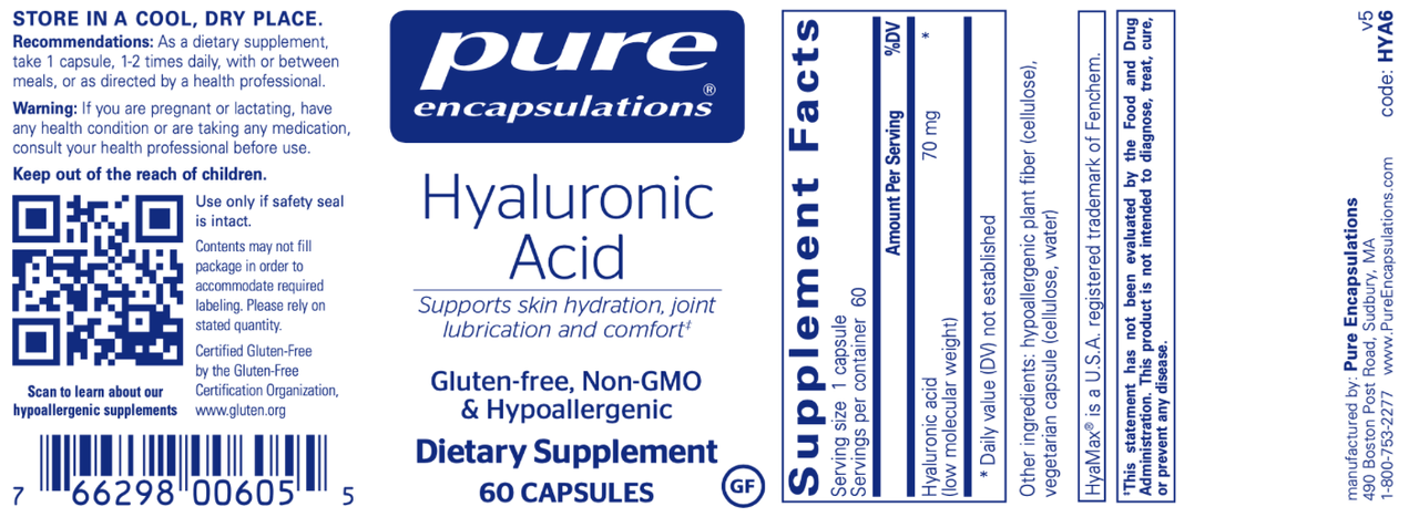 Hyaluronic Acid 70 mg 60 vcaps * Pure Encapsulations Supplement - Conners Clinic