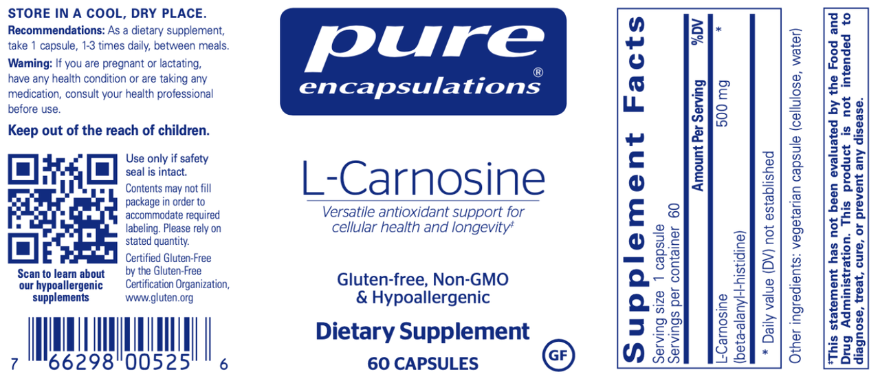 L-Carnosine 500 mg 60 vcaps * Pure Encapsulations Supplement - Conners Clinic
