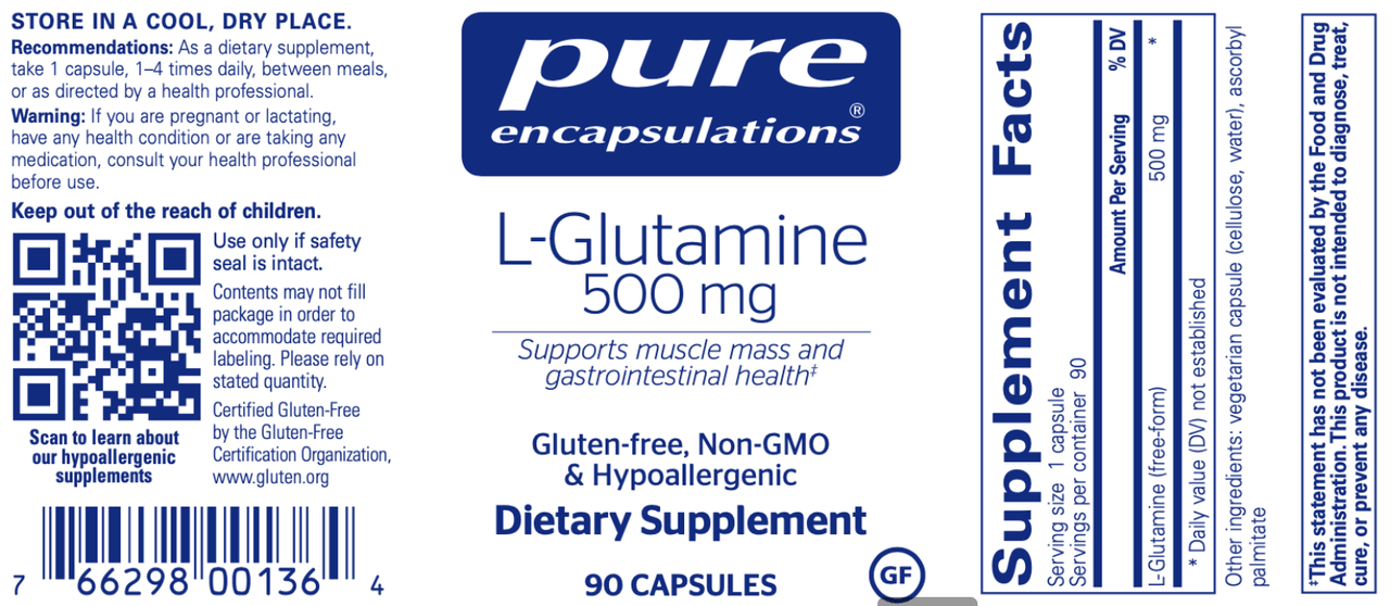 L-Glutamine 500 mg 90 vegcaps * Pure Encapsulations Supplement - Conners Clinic