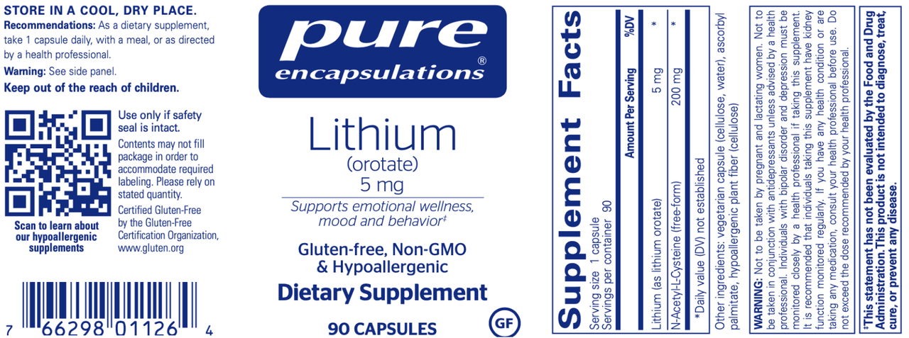 Lithium (orotate) 5 mg 90 vcaps * Pure Encapsulations Supplement - Conners Clinic