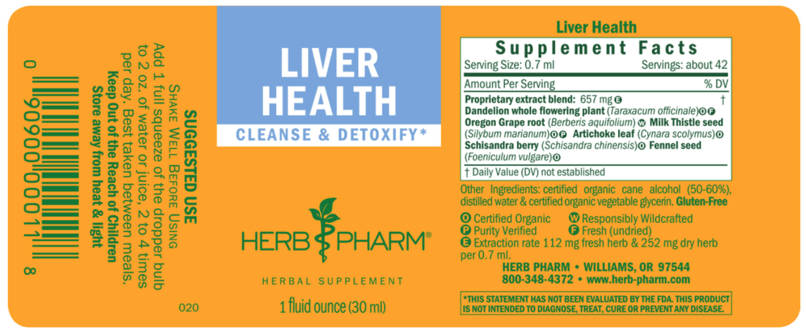 Liver Health - 4 oz LIQUID dropper Herb Pharm Supplement - Conners Clinic