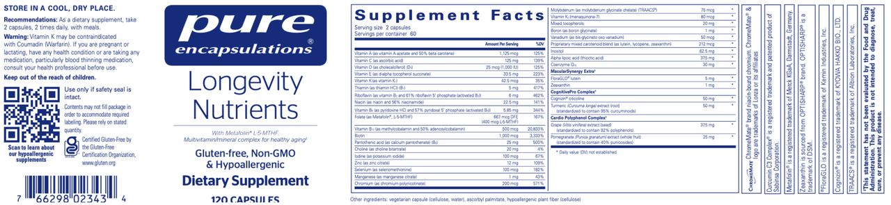Longevity Nutrients 120 vcaps * Pure Encapsulations Supplement - Conners Clinic