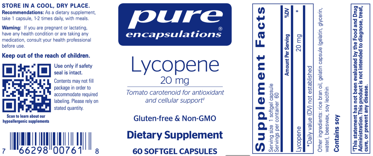 Lycopene 20 mg 60 gels * Pure Encapsulations Supplement - Conners Clinic
