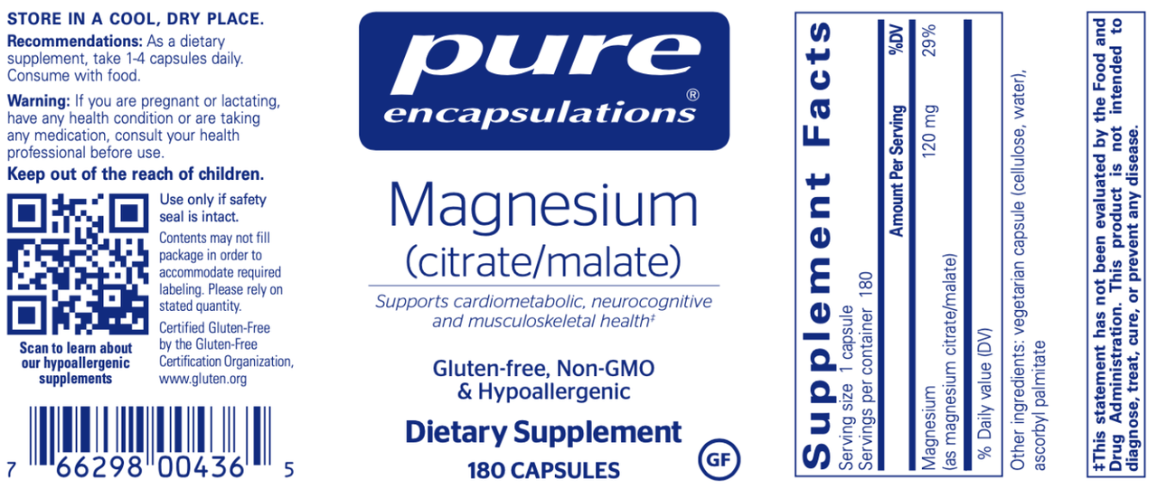 Mag (citrate/malate) 120 mg 180 vcaps * Pure Encapsulations Supplement - Conners Clinic