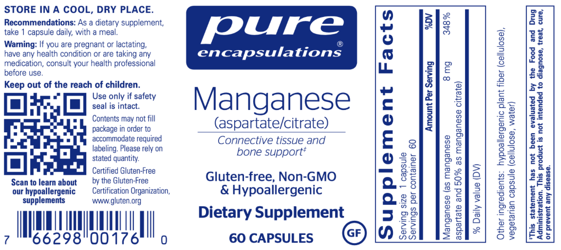 Manganese (aspartate/citrate) 60 vcaps * Pure Encapsulations Supplement - Conners Clinic