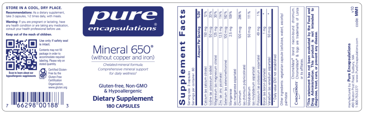 Mineral 650 (w/out CU & FE) 180 vcaps * Pure Encapsulations Supplement - Conners Clinic