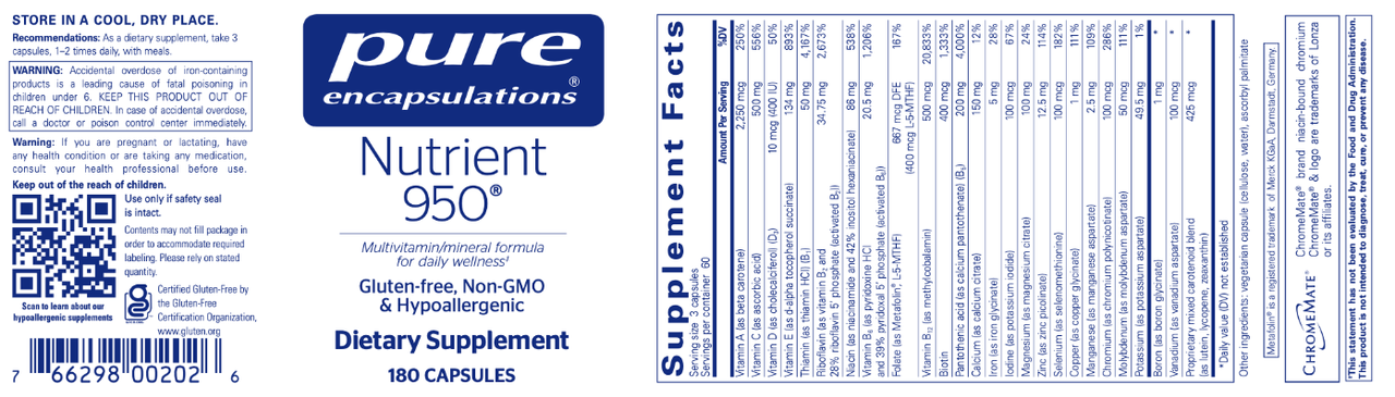 Nutrient 950 180 vcaps * Pure Encapsulations Supplement - Conners Clinic