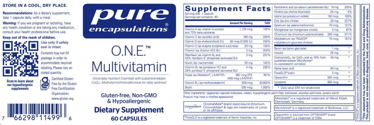 O.N.E. Multivitamin 60 caps * Pure Encapsulations Supplement - Conners Clinic