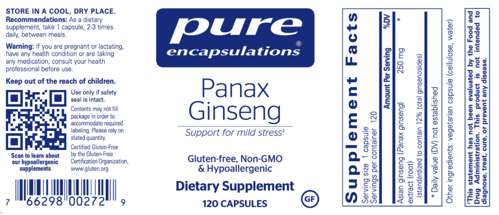 Panax Ginseng 250 mg 120 vegcaps * Pure Encapsulations Supplement - Conners Clinic