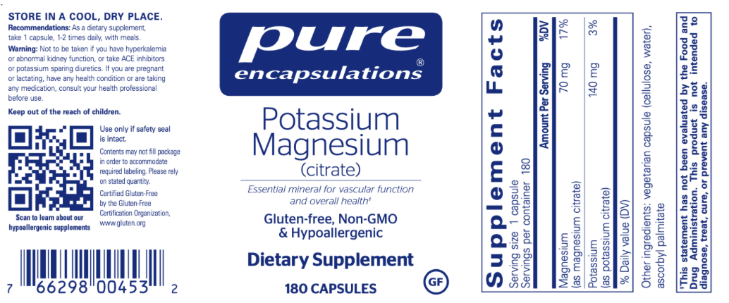 Potassium Magnesium (citrate) 180 vcaps * Pure Encapsulations Cancer Support - Conners Clinic
