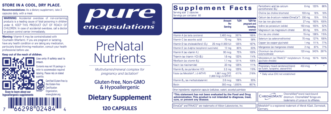 PreNatal Nutrients 120 vcaps * Pure Encapsulations Supplement - Conners Clinic