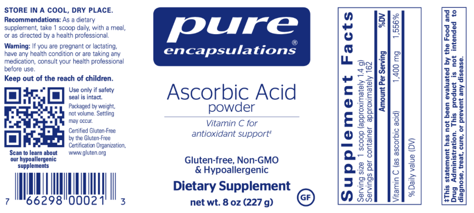 Pure Ascorbic Acid powder 227 gms * Pure Encapsulations Supplement - Conners Clinic