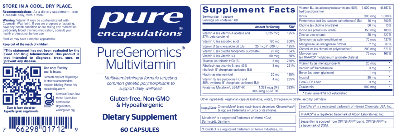 PureGenomics Multivitamin 60 caps * Pure Encapsulations Supplement - Conners Clinic