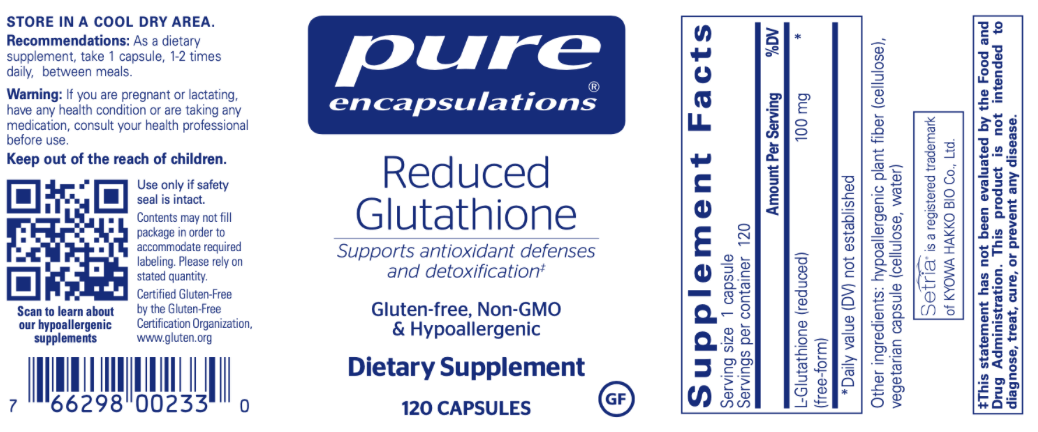 Reduced Glutathione 100 mg 120 vcaps * Pure Encapsulations Supplement - Conners Clinic
