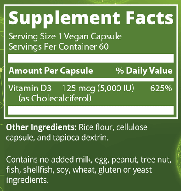 Vegan Vitamin D3 5,000 IU 60 Capsules MRM Supplement - Conners Clinic