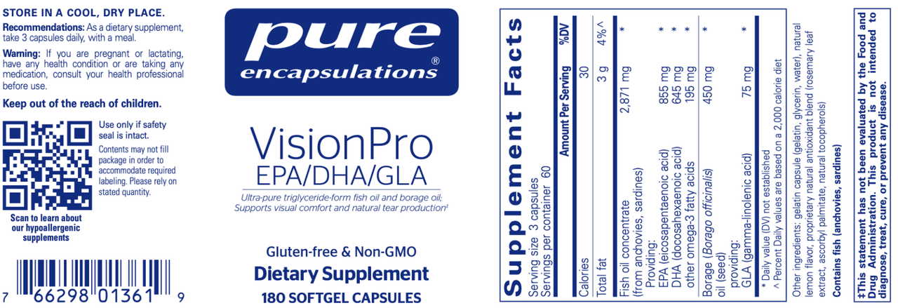 VisionPro EPA/DHA/GLA 180 caps * Pure Encapsulations Supplement - Conners Clinic